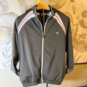 Puma Unisex Dark Gray Windbreaker with White and Pink Accents